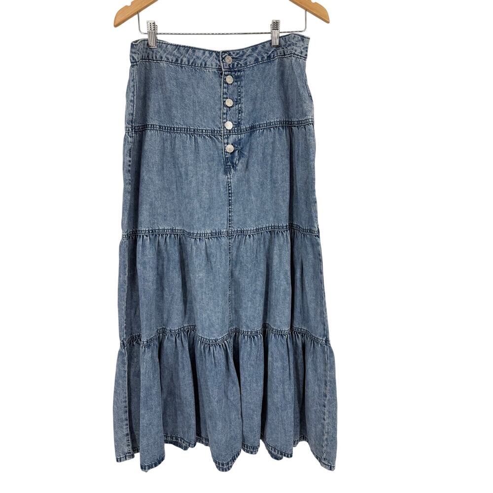 Maurices Tiered Denim Maxi Skirt with Button Front SZ 12 Boho Prairie Western